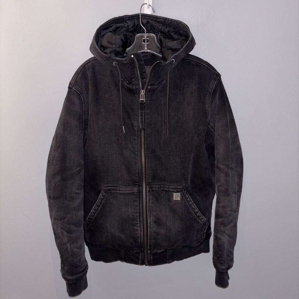 American Eagle Black Denim Bomber Jacket Quilted Inside Hooded Women's Size S